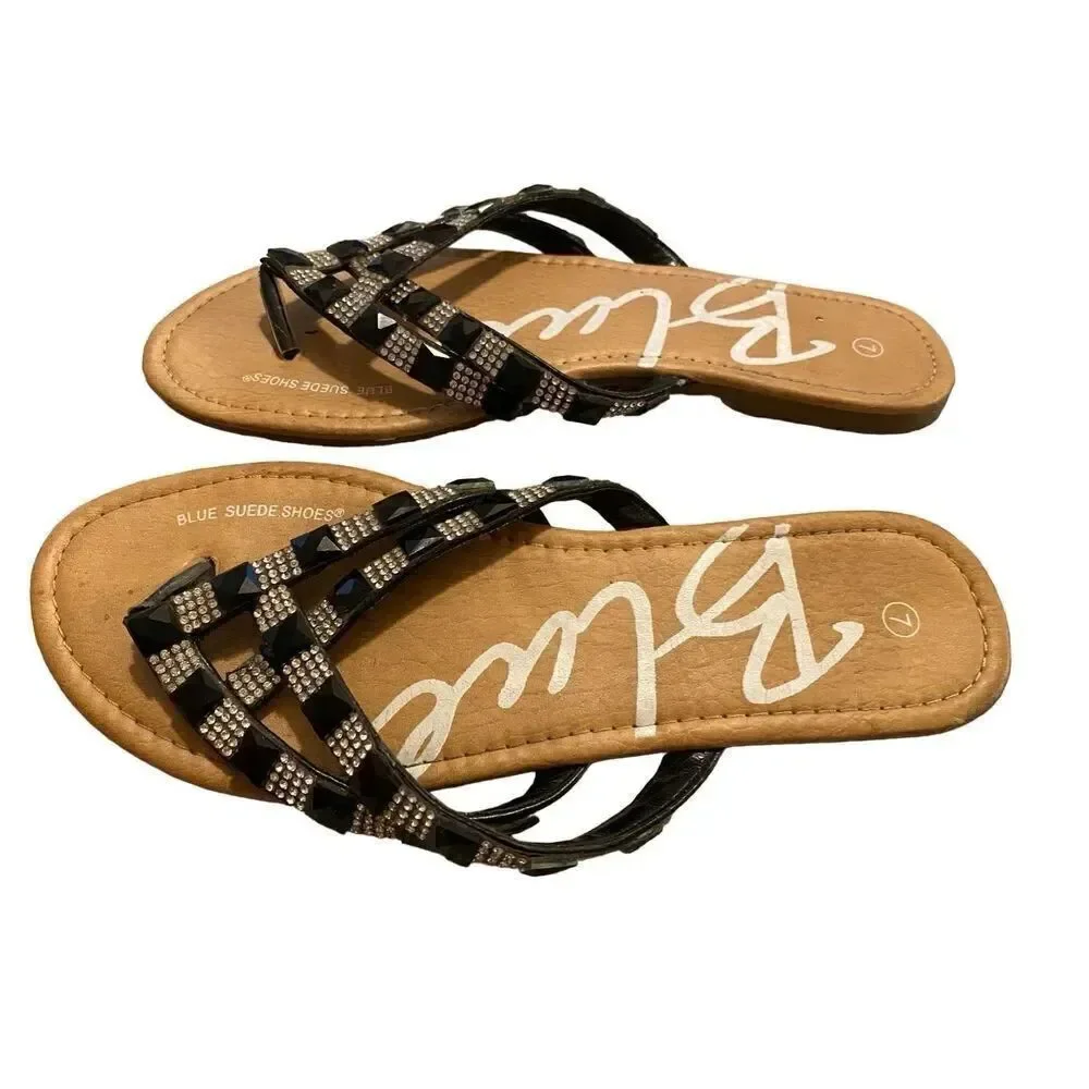 Blue Suede Rhinestone Embellished Flip Flops Sandals Sz 7